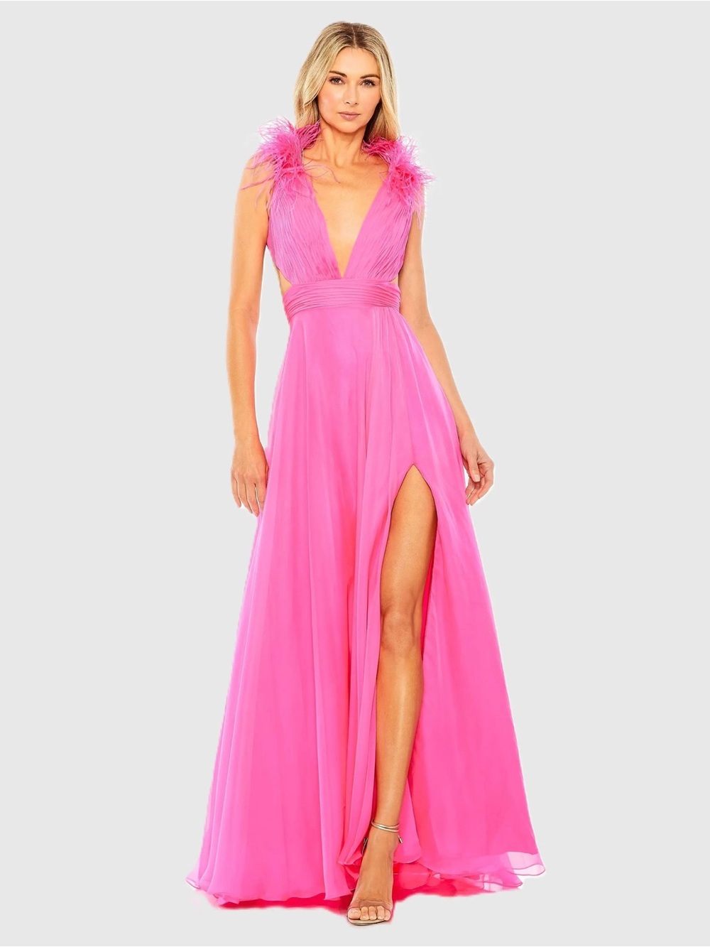 Mac Duggal 68680 Hot Pink Feather-Trim Plunging V-Neck Evening Dress